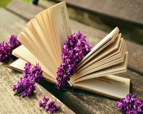 A glass of fresh water on a wooden table beside an open book